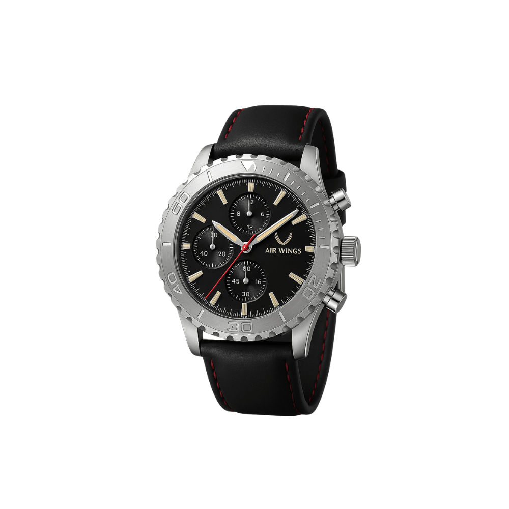 Air Wings Ace - Silver/Black watch features bold silver case and black leather strap, minimalistic pilot watches perth.