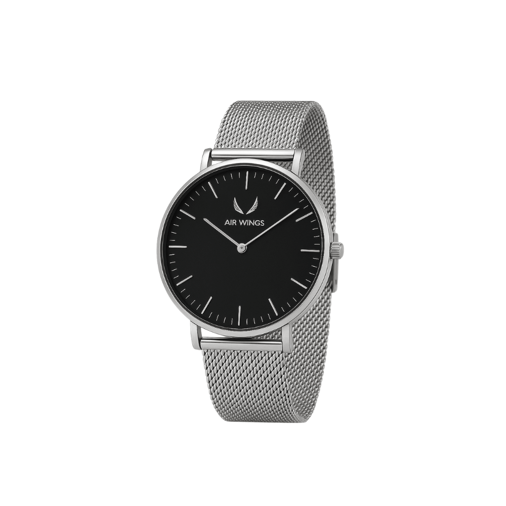 Air Wings Horizon - Silver/Black minimalistic pilot watch in silver alloy with black dial and mesh strap.