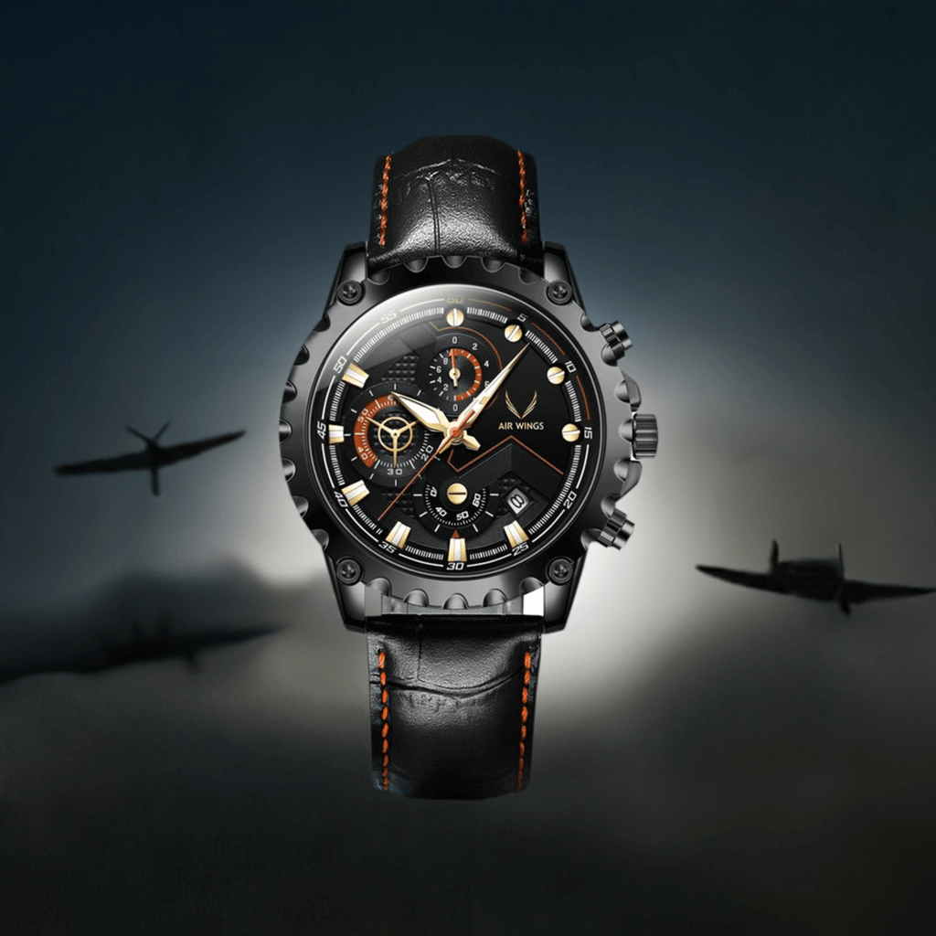 Air Wings Ace - Gold/Black watch against a dramatic backdrop of vintage airplanes, minimalistic pilot watches Perth.