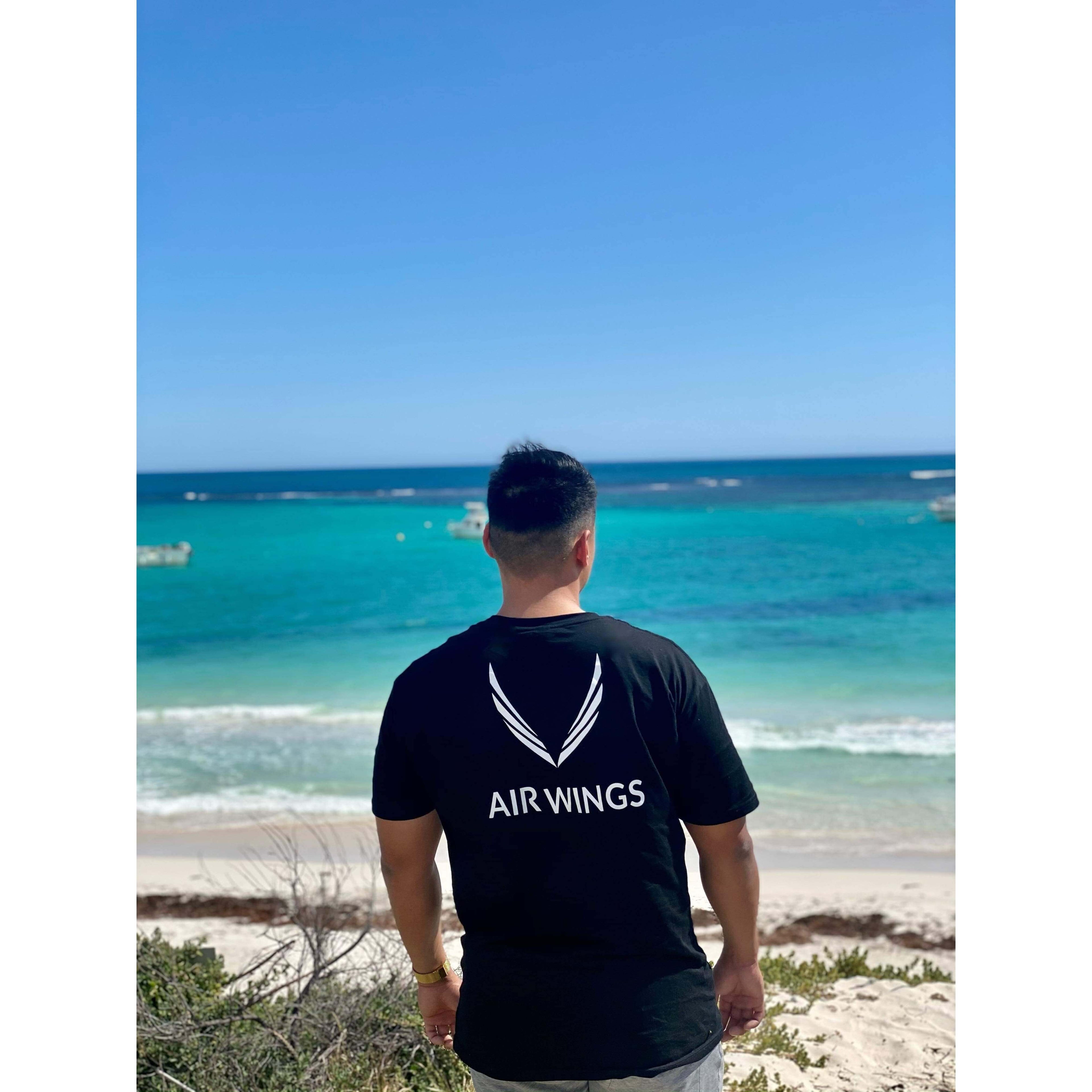 Air Wings - T-Shirts (limited edition) worn by a person at the beach with a scenic ocean view.