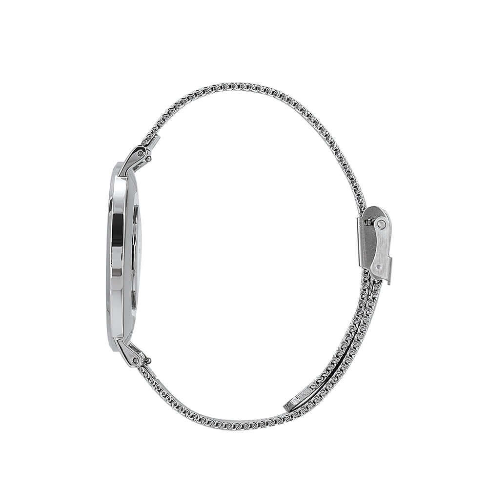 Air Wings Horizon - Silver/Black side view showcasing sleek silver alloy case and minimalist mesh strap.