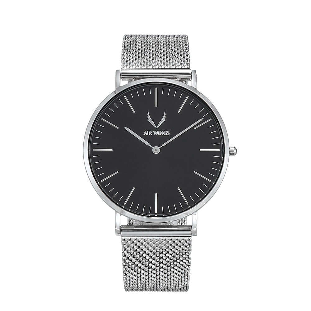 Air Wings Horizon - Silver/Black minimalist pilot watch with black dial and silver mesh strap