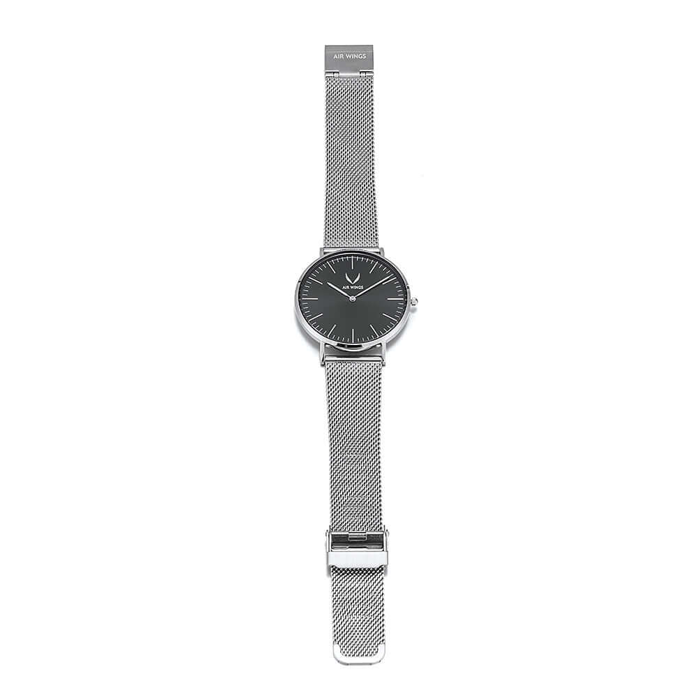Air Wings Horizon - Silver/Black minimalistic pilot watches perth, elegant black dial and slim mesh strap