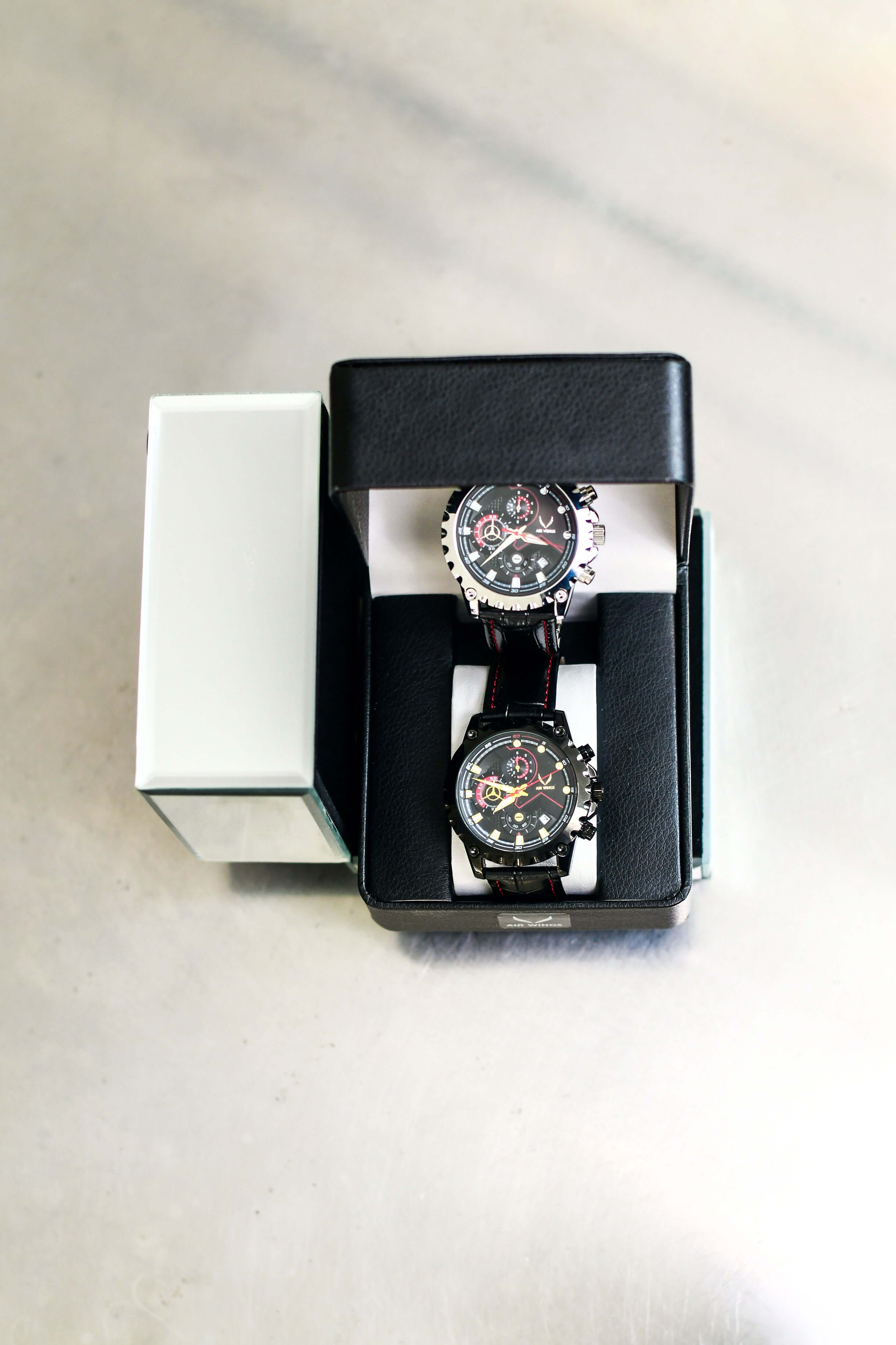 Air Wings Ace - Silver/Black in a display box, showcasing minimalistic pilot watches Perth.