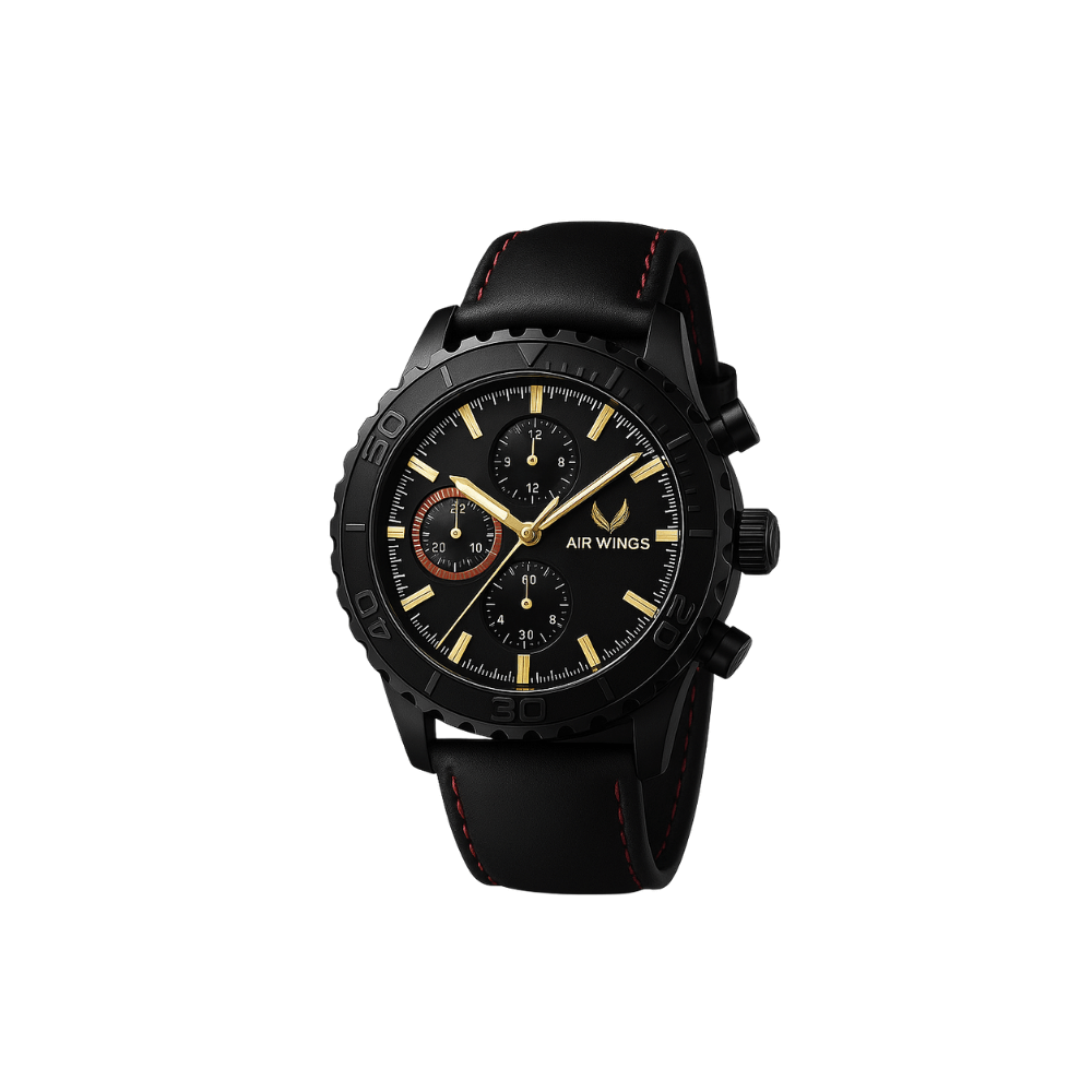 Air Wings Ace - Gold/Black timepiece showcasing minimalistic pilot watches Perth design with a black strap and bold sub-dials.